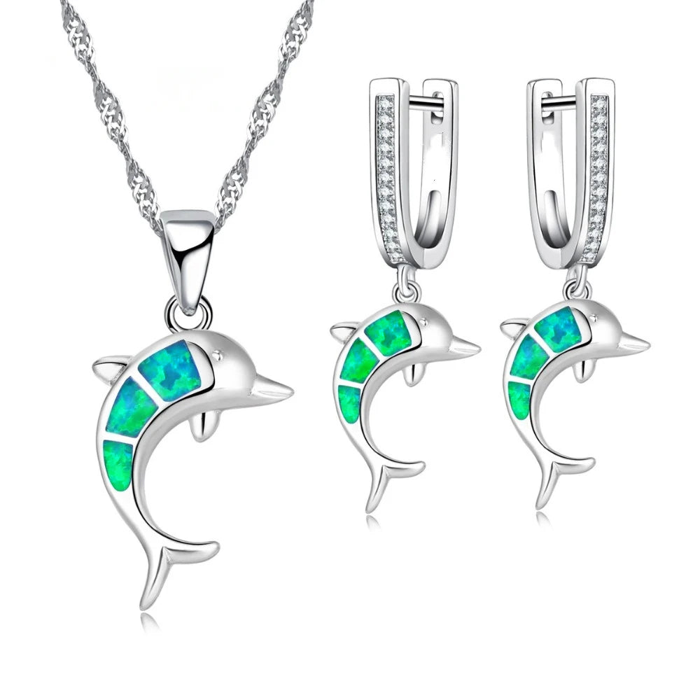 Cute Sea Animal Dolphin with Imitation Blue Fire Opal Pendant Necklace Earrings for Women Wedding Party Jewelry Accessories Set