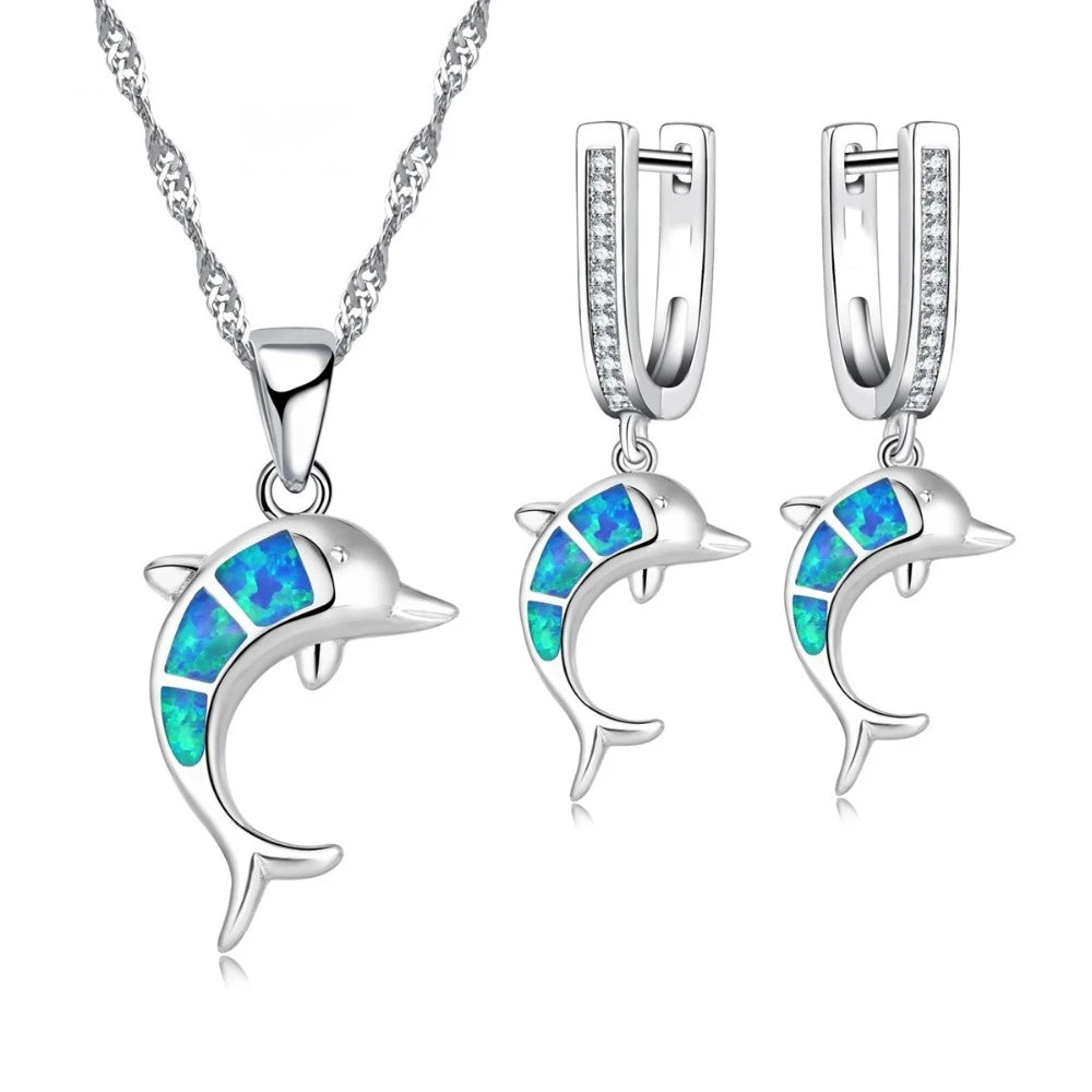 Cute Sea Animal Dolphin with Imitation Blue Fire Opal Pendant Necklace Earrings for Women Wedding Party Jewelry Accessories Set