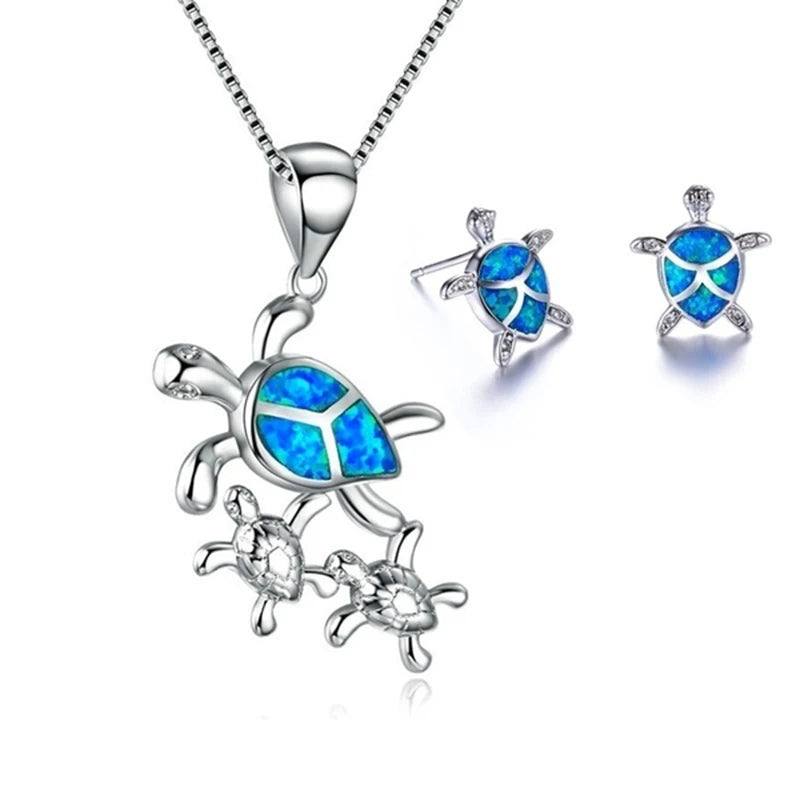 Fashion Cute Turtle Animal Jewelry Set for Women Imitation Blue Fire Opal Pendant Necklace Earrings Set Women Wedding Band