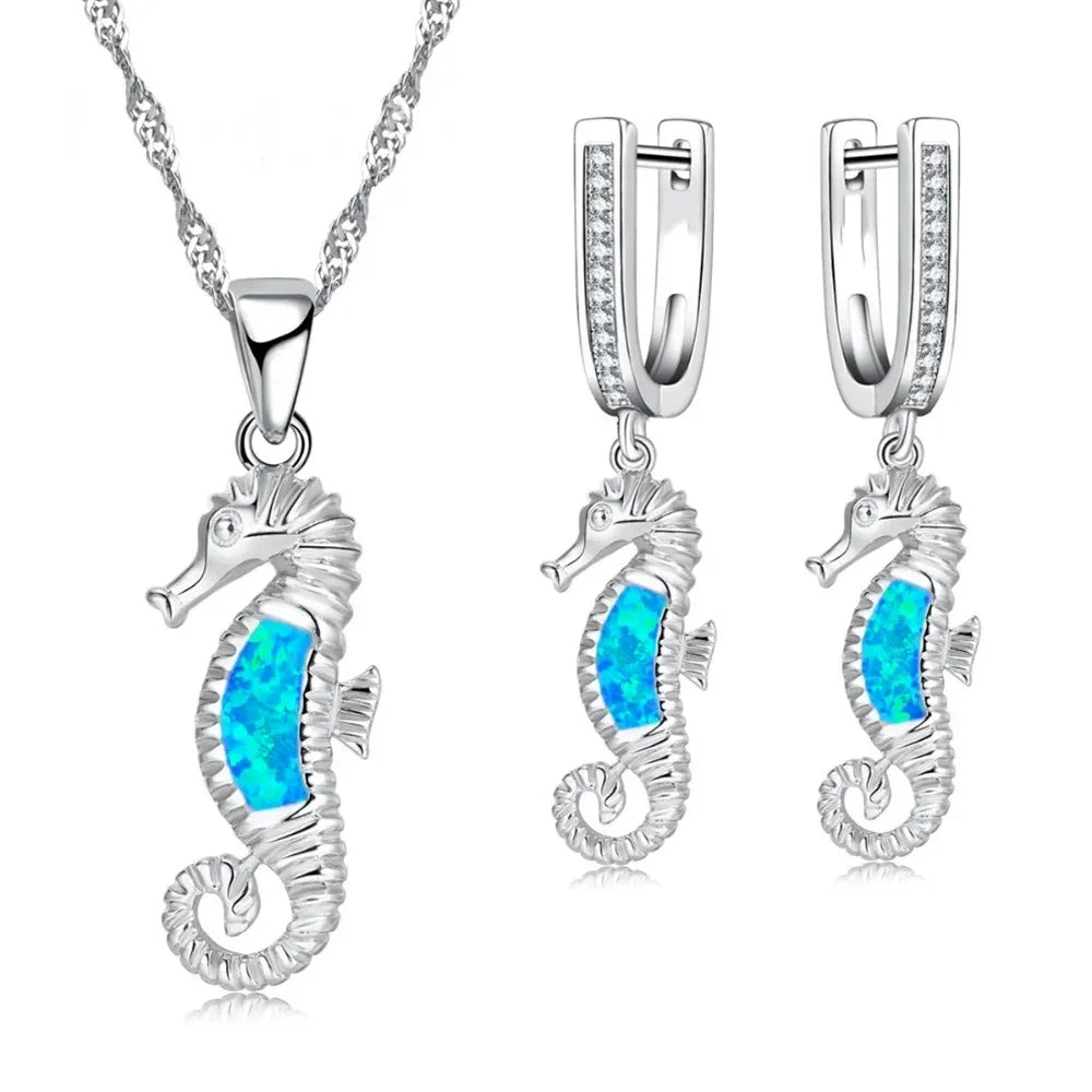 Fashion Cute Hippocampus Imitation Blue Fire Opal Pendant Necklace Earrings for Women Wedding Band Jewelry Accessories Set