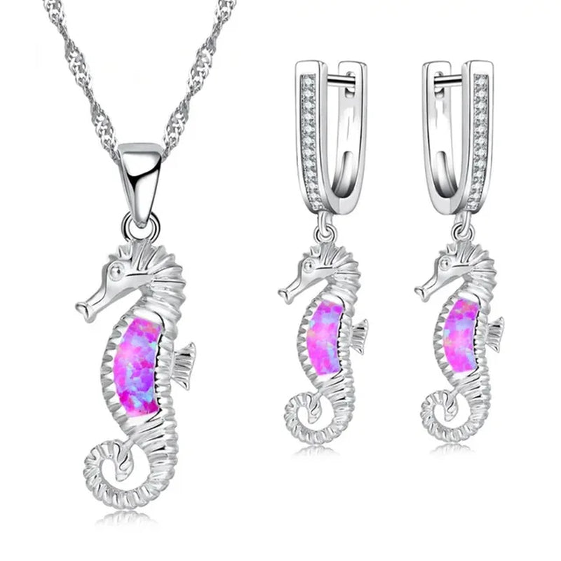 Fashion Cute Hippocampus Imitation Blue Fire Opal Pendant Necklace Earrings for Women Wedding Band Jewelry Accessories Set