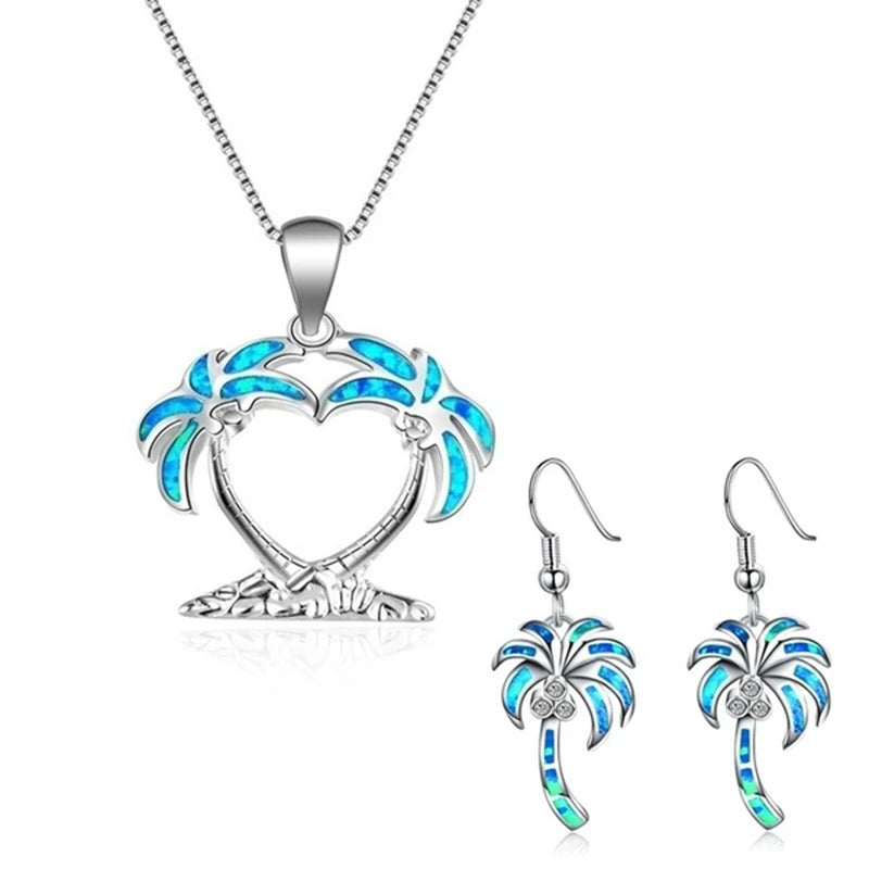 Fashion Plant Coconut Tree Necklace Earrings Jewelry Set Trendy Animal Imitation Opal Stud Earrings for Girl Women Wedding Band